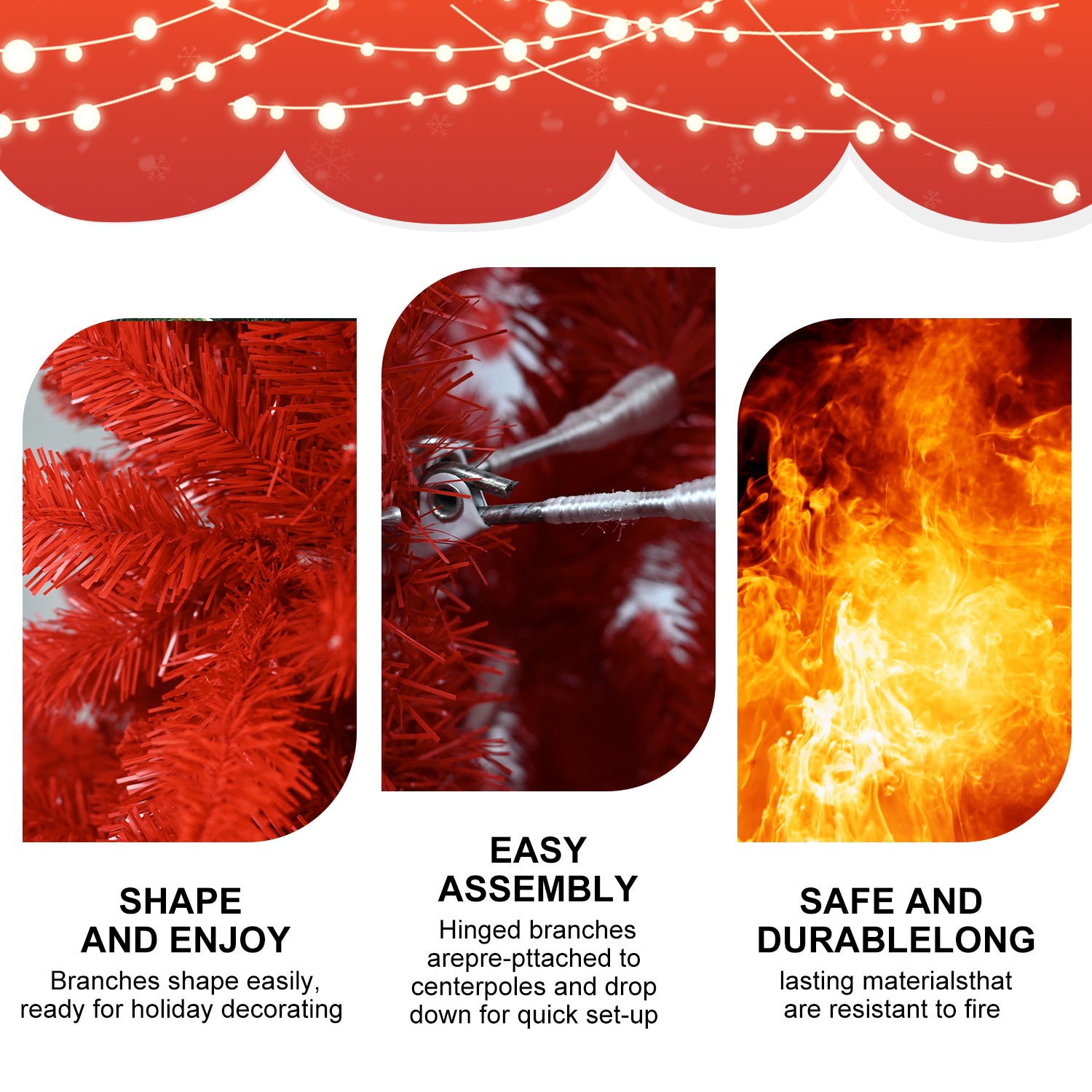 Close-up of red artificial Christmas tree branches, assembly hinge, and fire-resistant qualities