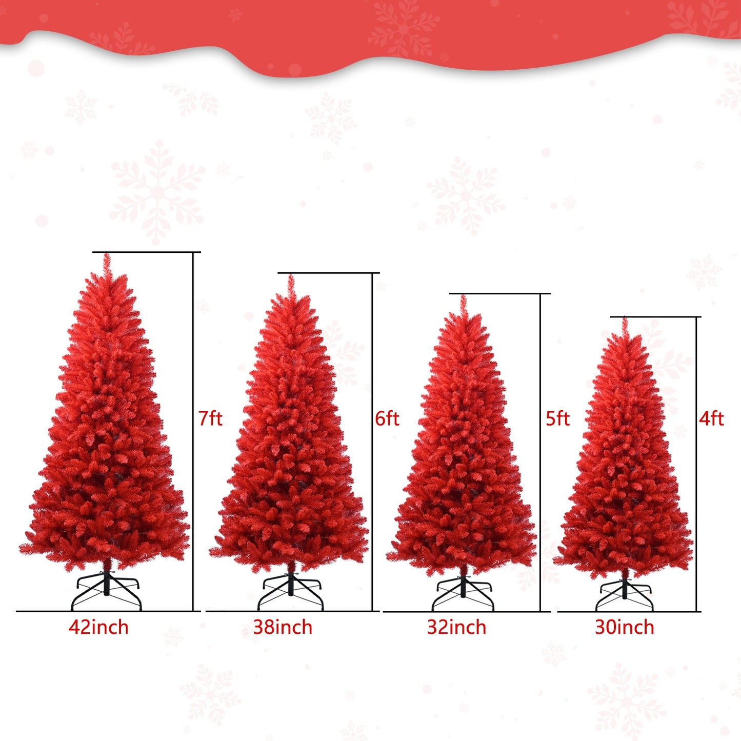 Set of four artificial red Christmas trees in 7ft, 6ft, 5ft, and 4ft heights with black metal stands