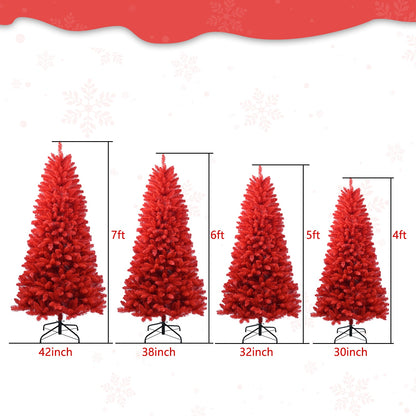 Set of four artificial red Christmas trees in 7ft, 6ft, 5ft, and 4ft heights with black metal stands