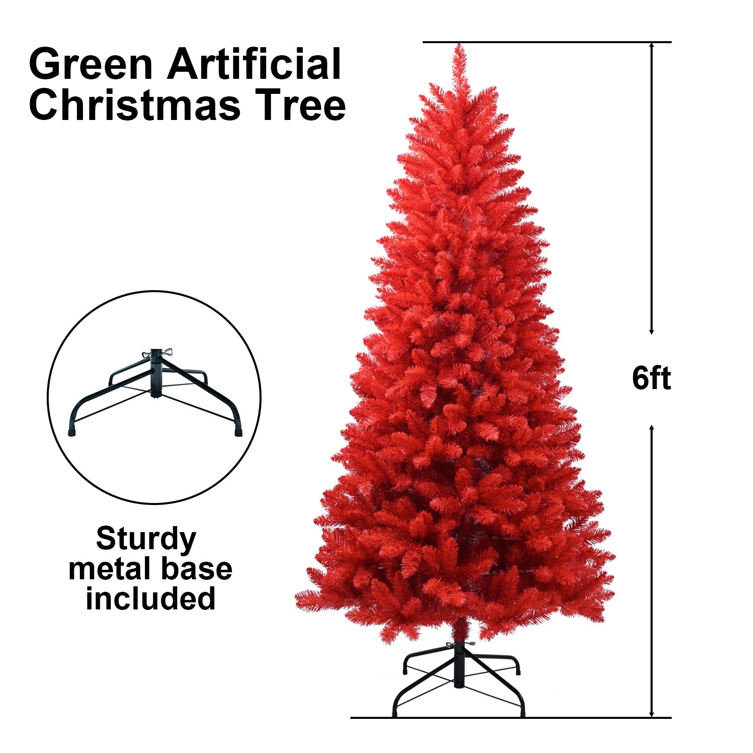 6ft red artificial Christmas tree with dense branches and sturdy metal base on white background