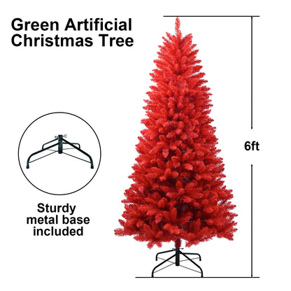 6ft red artificial Christmas tree with dense branches and sturdy metal base on white background