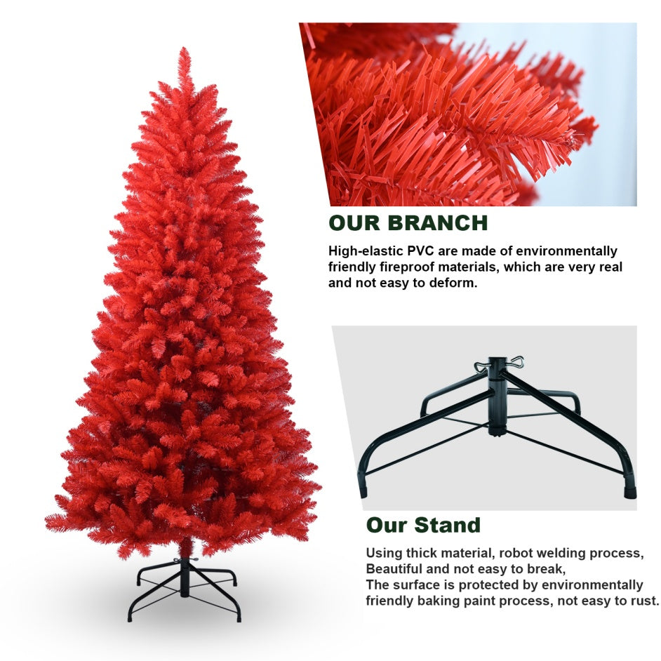 6-foot red artificial Christmas tree with high-elastic PVC branches and sturdy metal stand