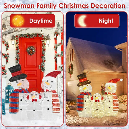 Snowman family Christmas yard decoration with LED lights, shown daytime and night by a red door and snowy house