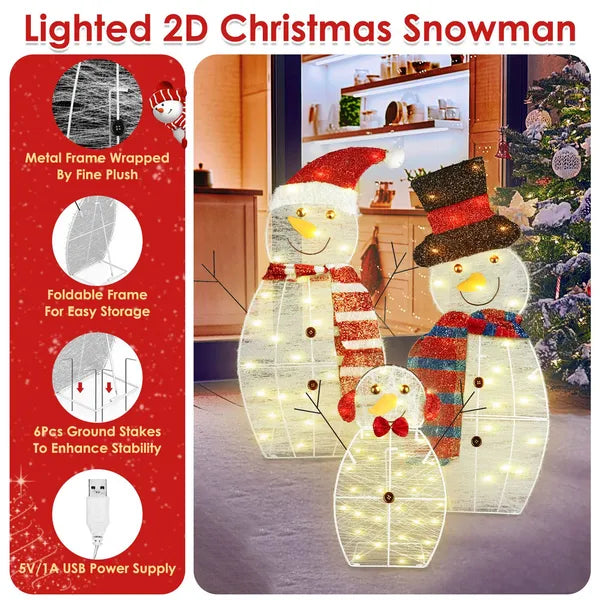 Lighted 2D Christmas snowman family yard decoration with LED lights, scarves, hats in cozy indoor setting