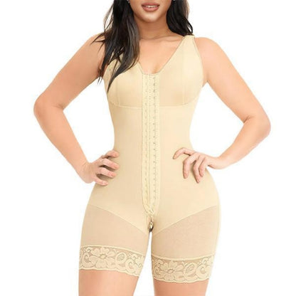 Woman wearing beige Colombian full coverage body shaper with front hooks, zipper crotch, and lace thigh bands