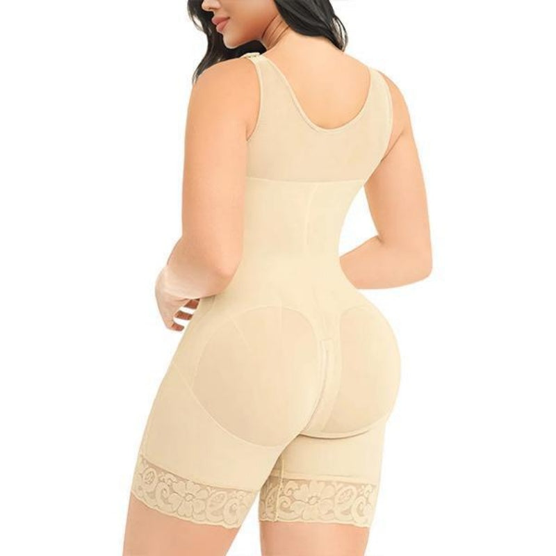 Woman wearing beige Colombian body shaper with full coverage, lace trim, and zipper crotch