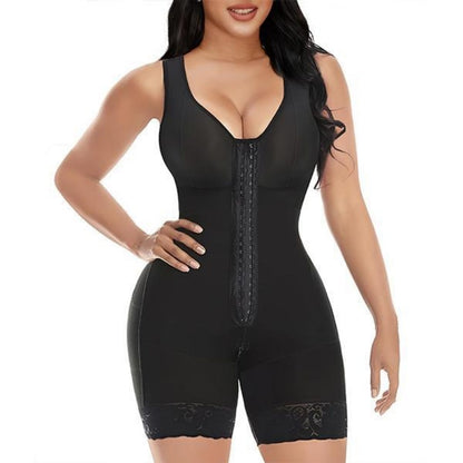Woman wearing black Colombian body shaper with full coverage, front zipper, and lace-trimmed shorts