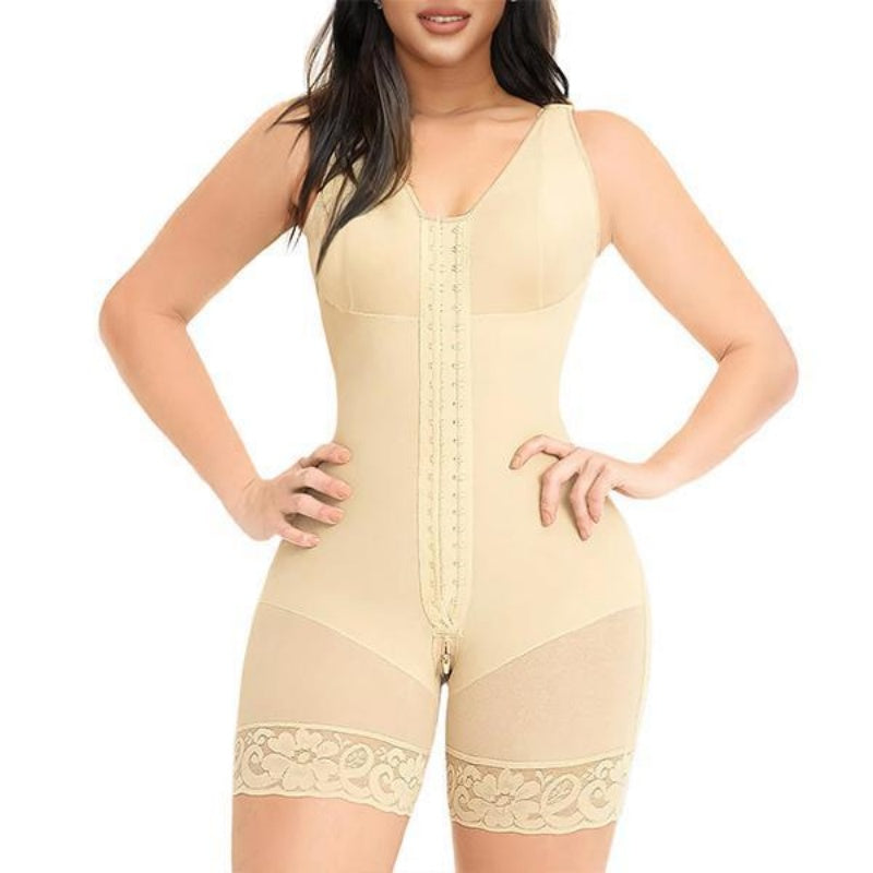 Woman wearing beige Colombian body shaper with front hook closure and lace trim on thighs