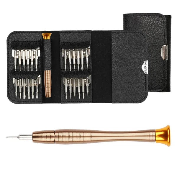 Portable 25-in-1 electronics precision screwdriver kit with gold handle and black leather case