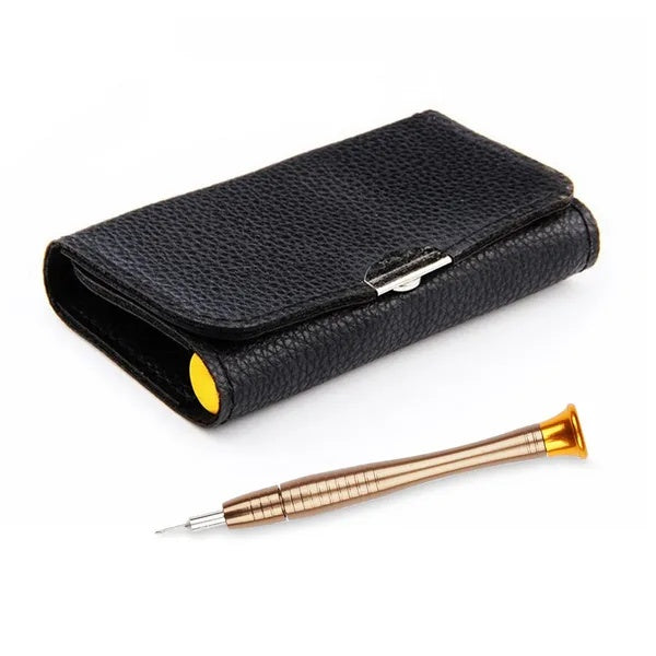 Black textured leather case and precision screwdriver with metal handle for electronics repair