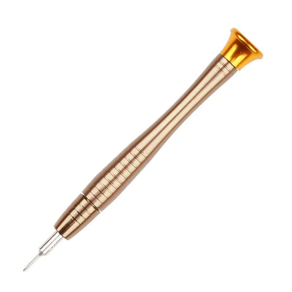 Precision screwdriver with metallic gold handle and rotating cap on white background