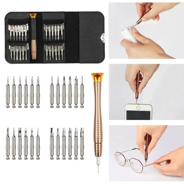 25-in-1 precision screwdriver kit with black case, multiple tips, and uses on electronics, phone, glasses