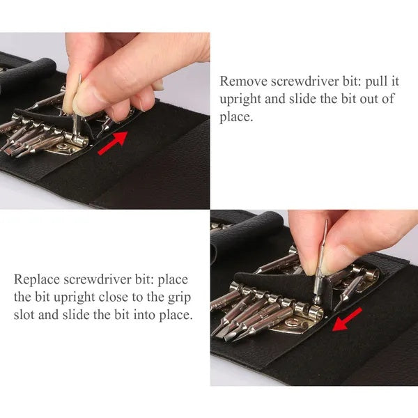Instructions showing how to remove and replace bits in a black precision screwdriver kit with multiple bits in a fabric tool wallet