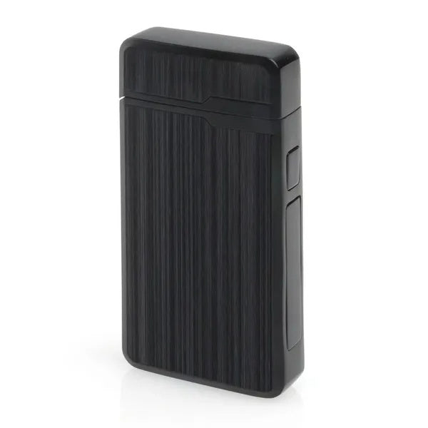 Black and silver rechargeable windproof dual arc plasma lighter with a sleek rectangular design