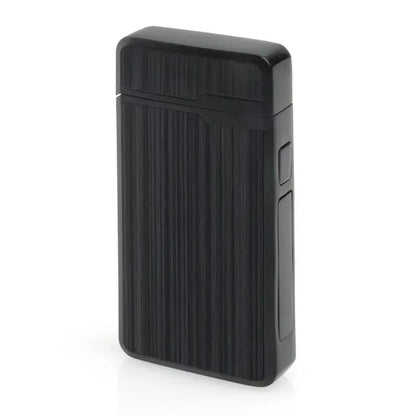Black and silver rechargeable windproof dual arc plasma lighter with a sleek rectangular design