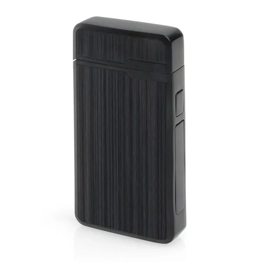 Black and silver rechargeable windproof dual arc plasma lighter with a sleek rectangular design