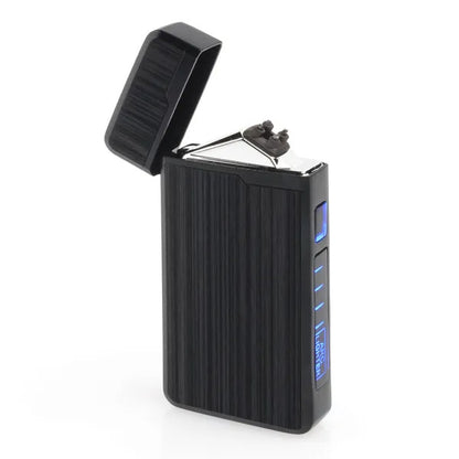 Black silver rechargeable dual arc plasma lighter with blue LED indicator and open lid