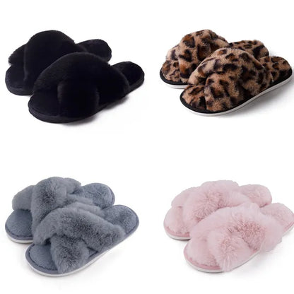 Four pairs of cozy faux fur slippers in black, leopard print, gray, and pink colors