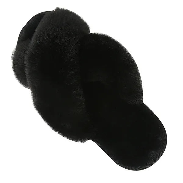 Cozy black faux fur slippers with soft plush texture and cushioned sole