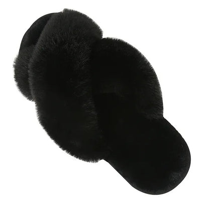 Cozy black faux fur slippers with soft plush texture and cushioned sole