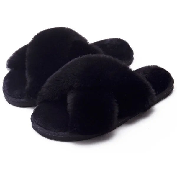 Black faux fur slippers with soft plush fabric and cushioned sole for women
