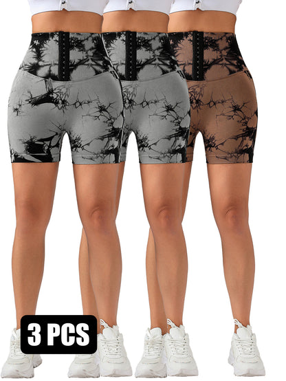 Three pairs of women's high-waisted tie-dye scrunch butt lifting shorts in black-gray, black-gray, and black-coffee colors