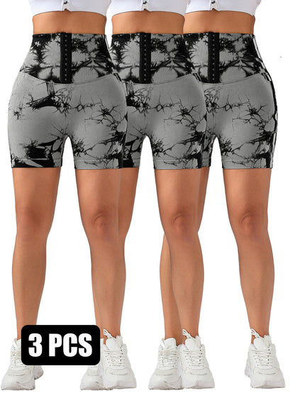 Three women wearing black and gray tie dye high-waist butt lifting leggings shorts with white sneakers