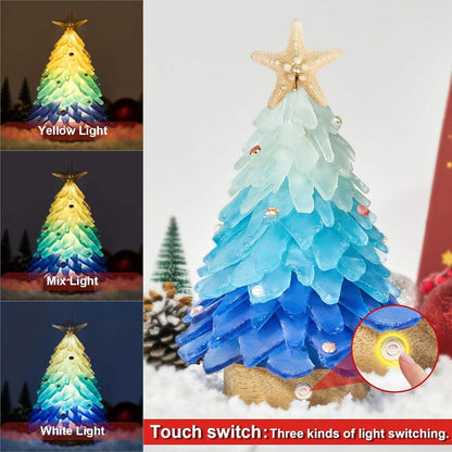 Blue gradient sea glass mini Christmas tree ornament with starfish topper and touch light switch