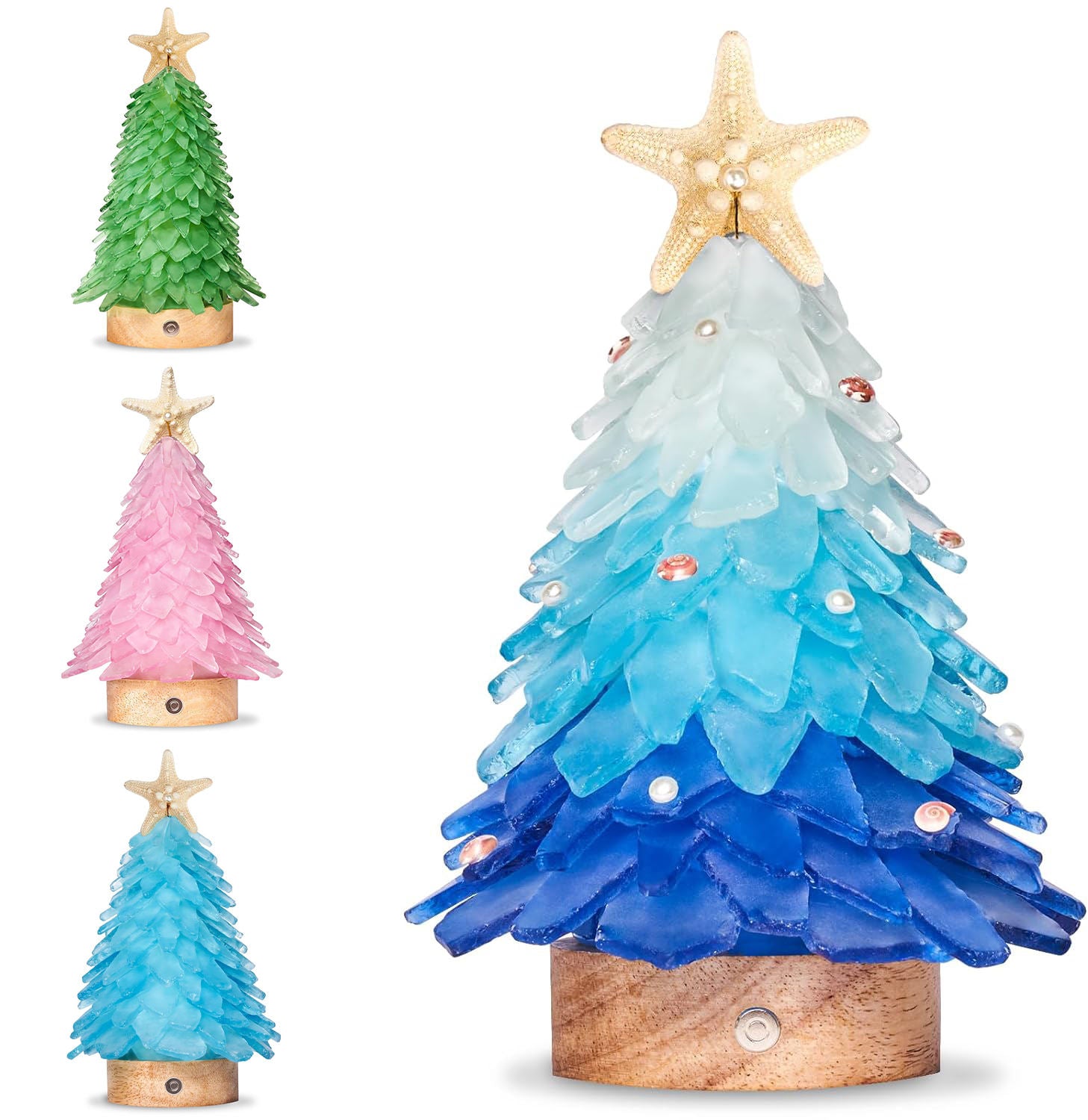 Mini LED sea glass Christmas tree ornament with starfish topper in blue, pink, and green colors