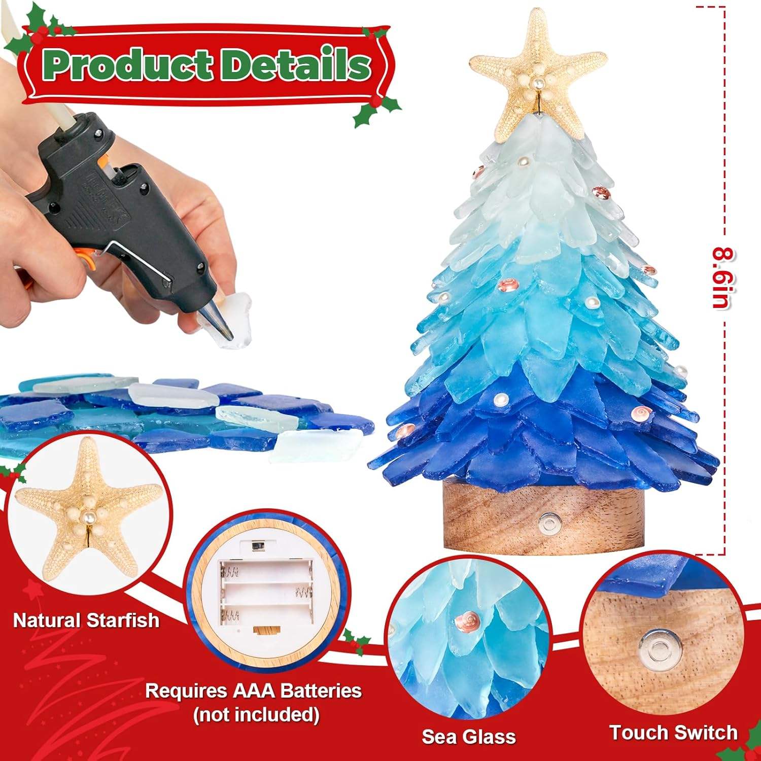 Mini LED sea glass Christmas tree with blue gradient, natural starfish topper, wooden base, and touch switch