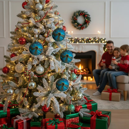 Flocked Christmas tree decorated with blue glass ornaments and red, silver baubles surrounded by wrapped gifts