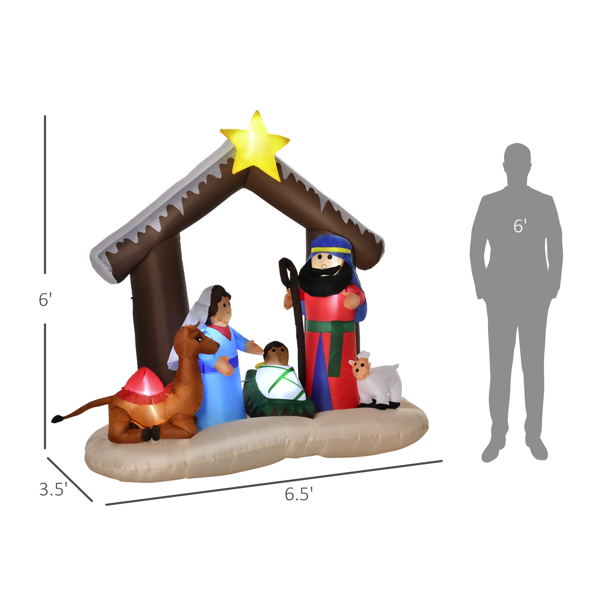Inflatable LED Christmas nativity scene with Mary, Joseph, baby Jesus, camel, and sheep under a brown stable with a yellow star