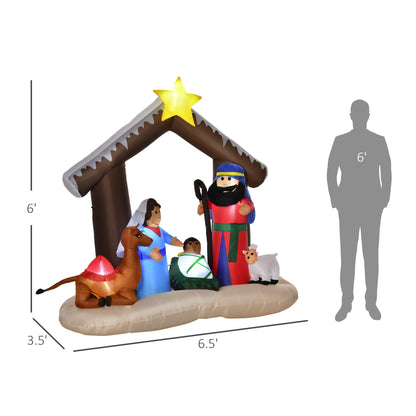 Inflatable LED Christmas nativity scene with Mary, Joseph, baby Jesus, camel, and sheep under a brown stable with a yellow star