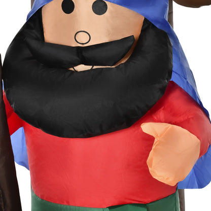 Inflatable Christmas nativity figure with black beard, red shirt, blue head covering, and LED lights