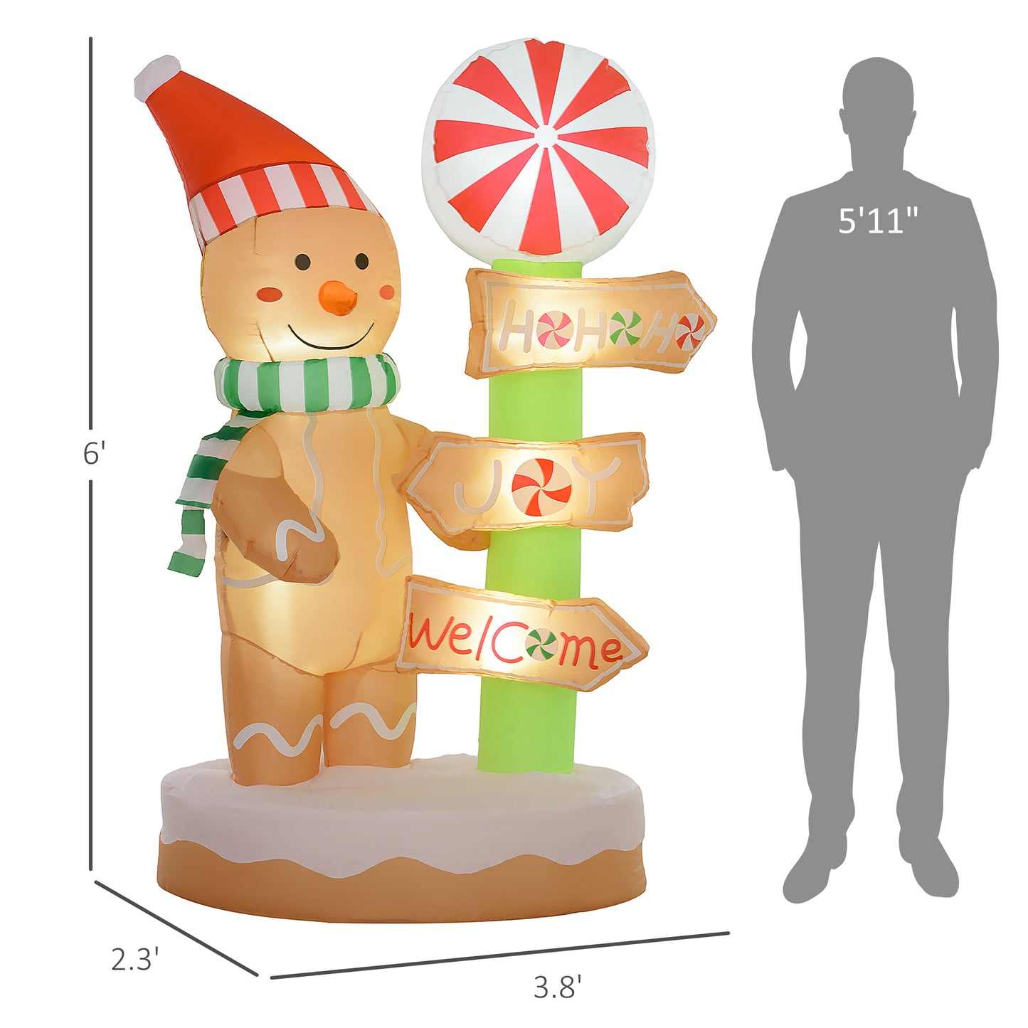 6-foot tall inflatable gingerbread man with red hat, green scarf, and candy signpost for Christmas decoration