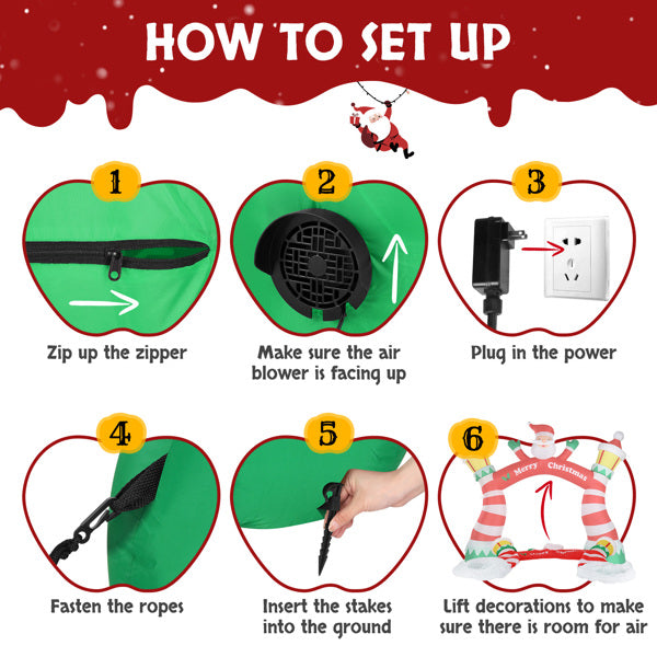 Step-by-step setup guide for inflatable Christmas arch with zipper, air blower, power plug, ropes, stakes, and decorations
