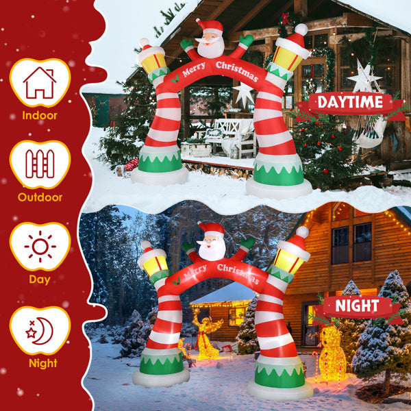 8-9ft inflatable Christmas arch with Santa and candy cane pillars, outdoor snowy house decoration