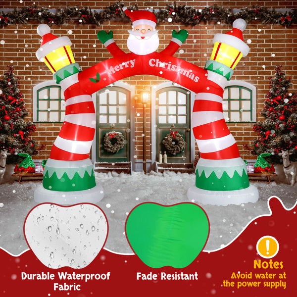 8-9ft inflatable Christmas arch with Santa, red-white stripes, LED lamps, and holiday decorations