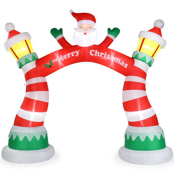 8-9ft inflatable Christmas arch with Santa Claus and striped candy cane pillars with lights