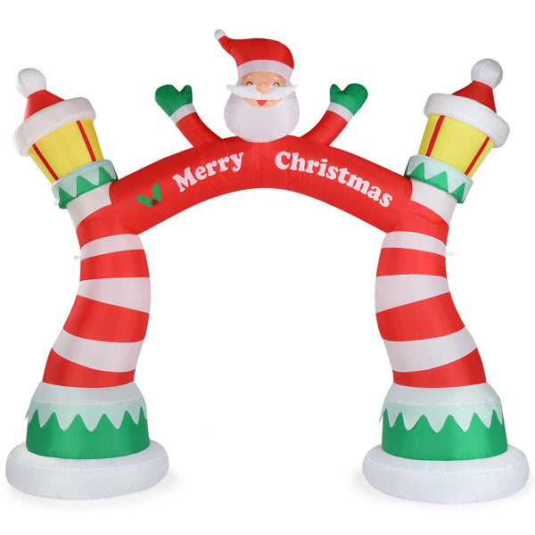 Inflatable Christmas arch with red and white striped pillars, Santa figure, yellow lanterns, and Merry Christmas text