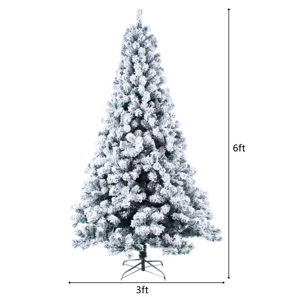 6ft flocked artificial Christmas tree with 928 tips and warm white lights on metal stand