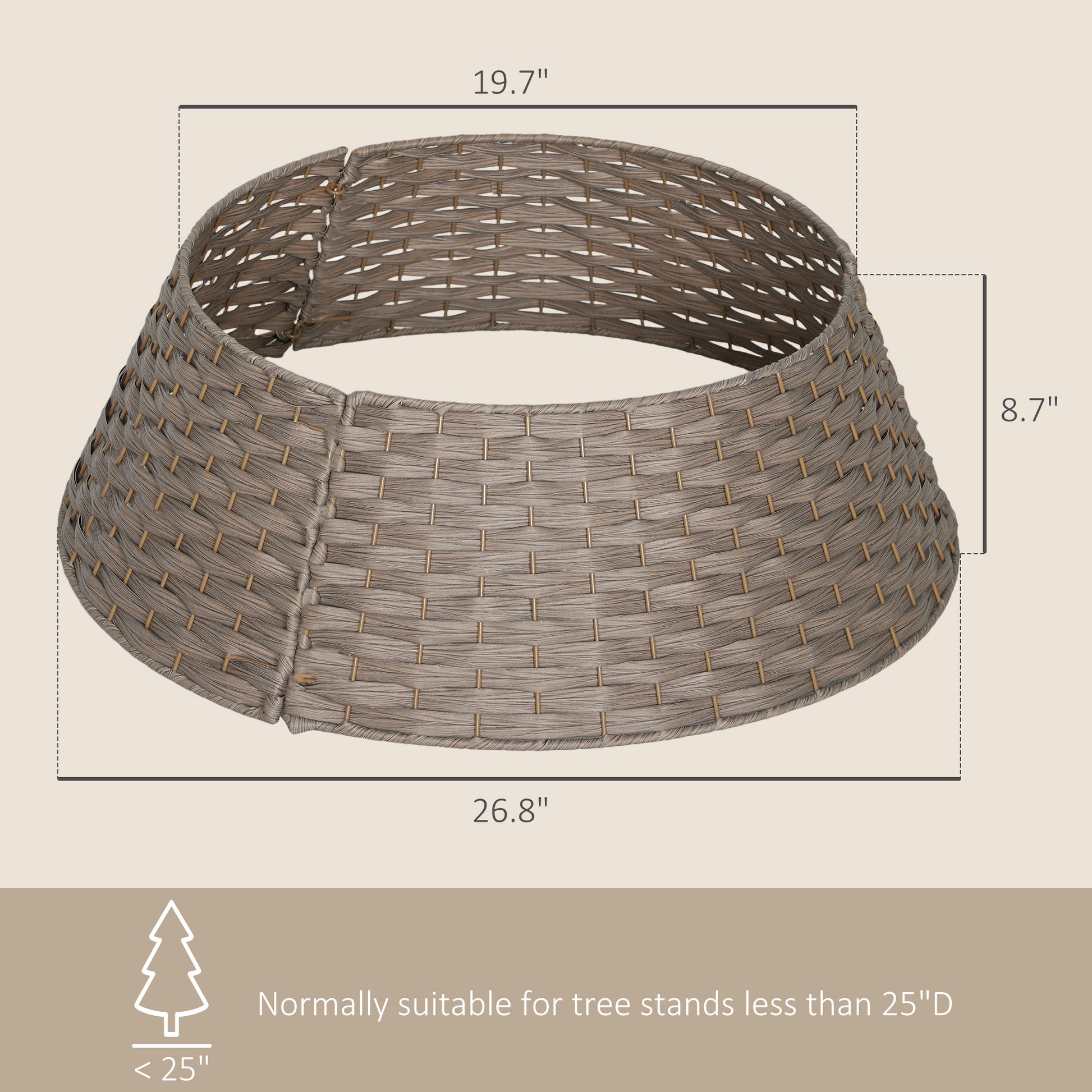 Hand-woven rustic coffee brown Christmas tree collar with dimensions for tree stands under 25 inches