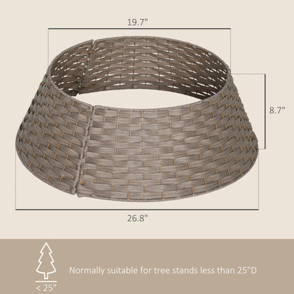 Hand-woven rustic coffee brown Christmas tree collar with dimensions for tree stands under 25 inches