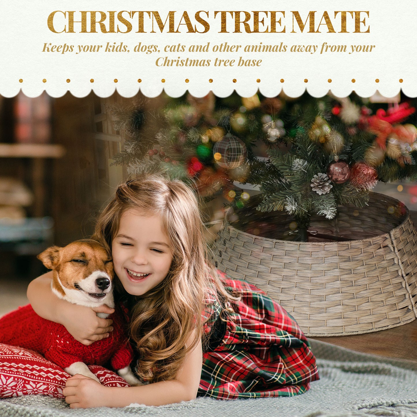 Smiling girl in plaid dress hugging dog in red sweater next to Christmas tree with woven tree collar