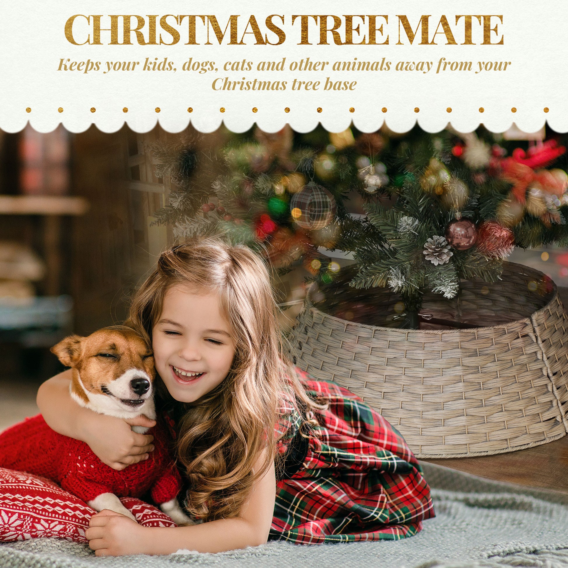 Smiling girl in plaid dress hugging dog in red sweater next to Christmas tree with woven tree collar