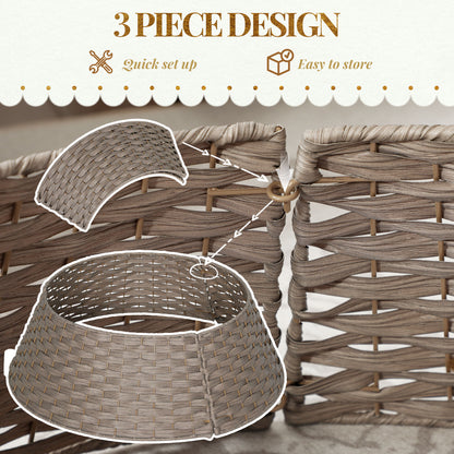 Close-up of three-piece hand-woven coffee brown rustic Christmas tree collar with quick setup hooks