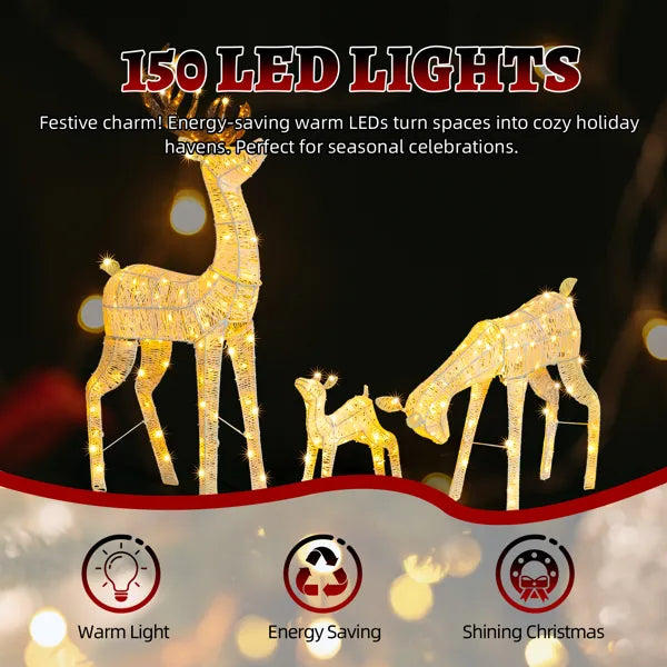 Three lighted reindeer figures with 150 warm white LED lights for cozy holiday decor