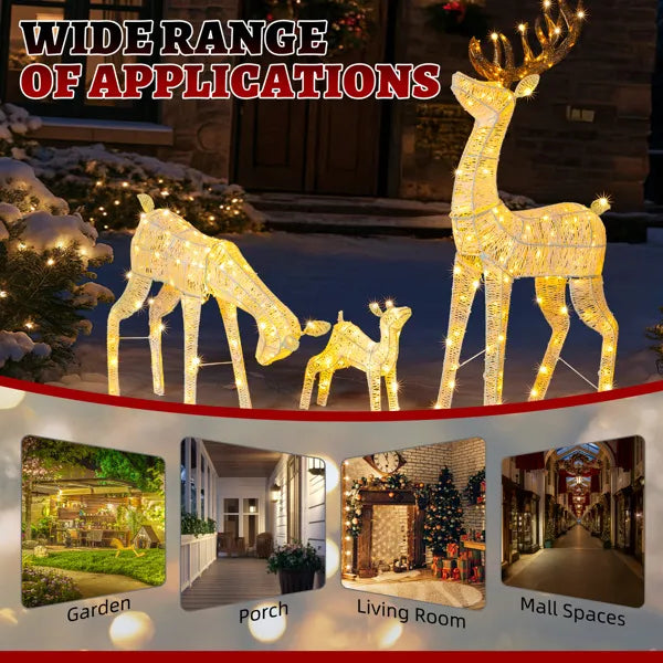 Lighted reindeer family set with warm white LED lights displayed outdoors at night
