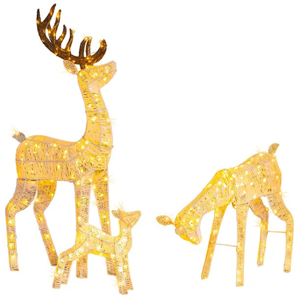 Three-piece lighted reindeer family set with warm white LED lights, featuring adult and baby deer