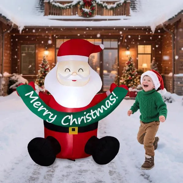 8ft lighted inflatable Santa Claus yard decoration with Merry Christmas banner on snowy front porch